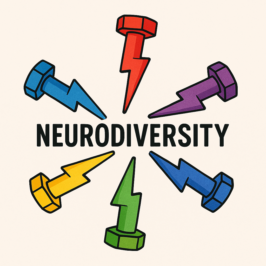 The word neurodiversity surrounded by circled by colourful machine bolts