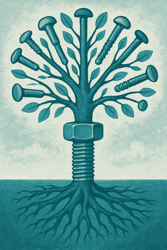 A fastener grows out of the ground into a tree