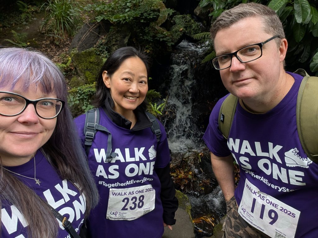 3 colleagues in front of a waterfall