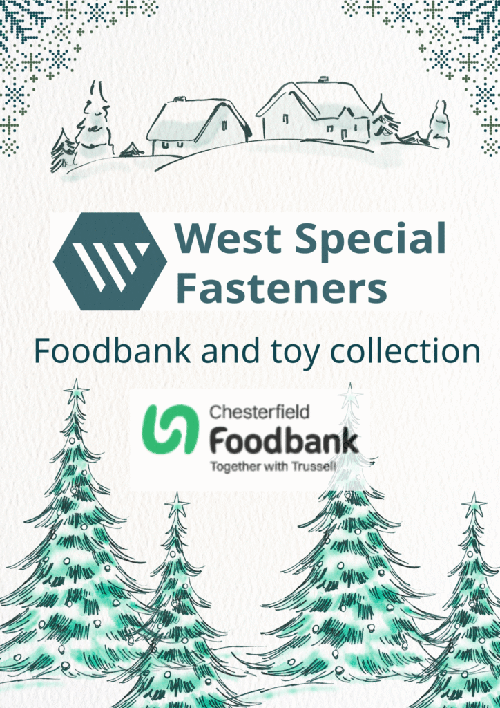 A poster announcing West Special Fasteners food and toy collection for Chesterfield foodbank
